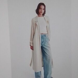 Stradivarius Long Linen blend Trench Coat. Stone (color). Size L